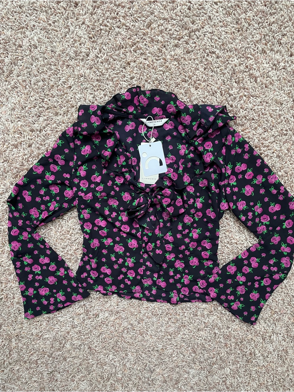Commense Women’s Black Floral Ruffle Tie-Neck Blouse Size XS NWT Lightweight